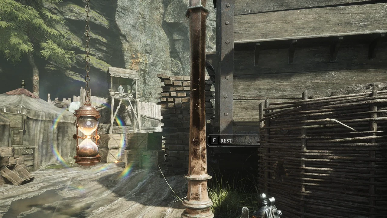 The glowing hourglass Poisoned Camp Lantern among the tents with the press E to rest prompt