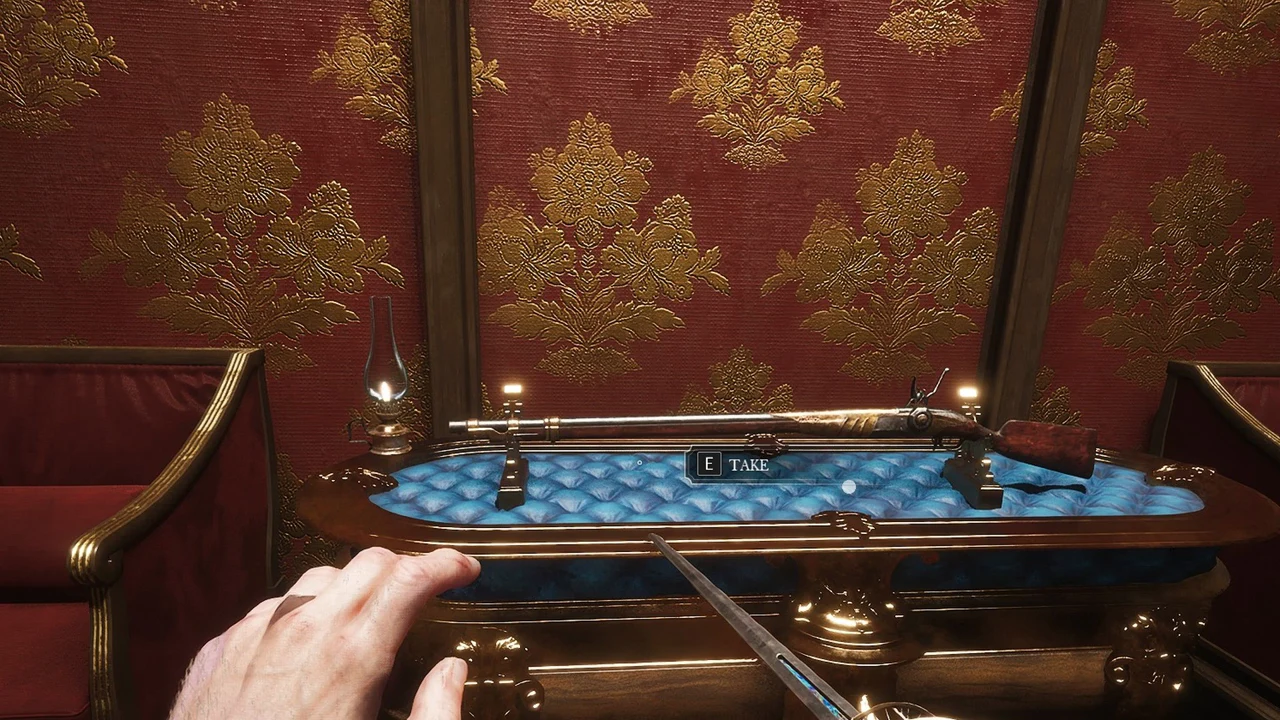 The E TAKE prompt over the Musket in the blue-lined weapons case