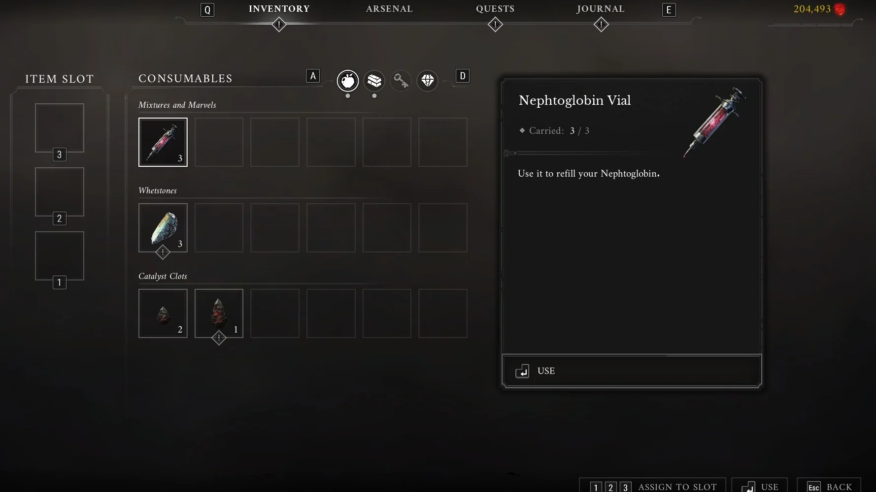 The Inventory screen with a Nephtoglobin Vial selected, Carried 3 / 3