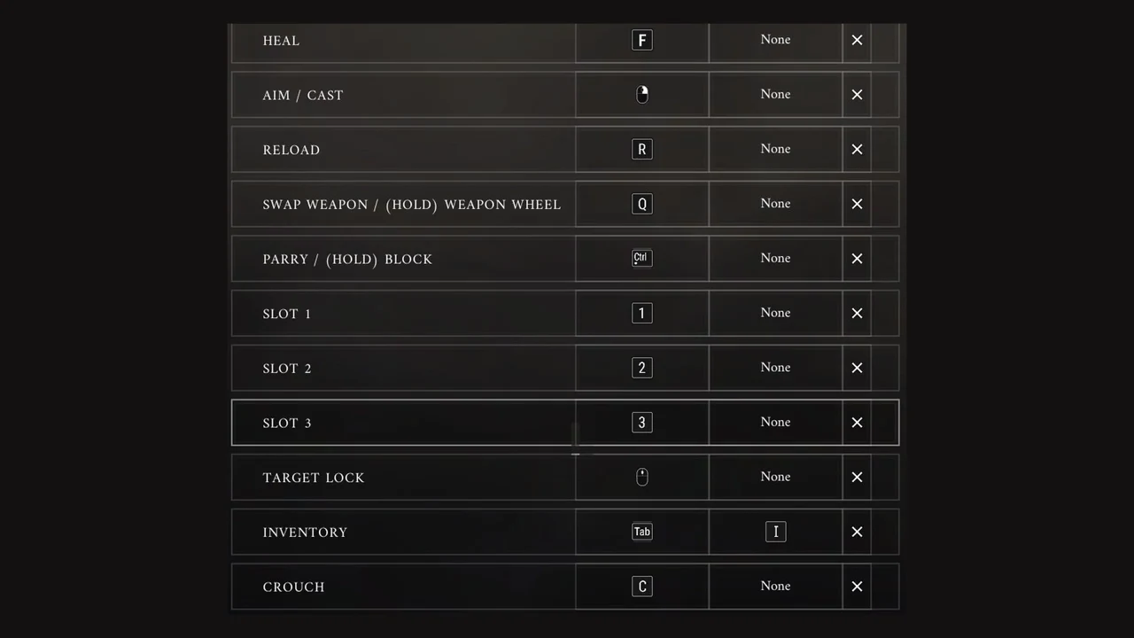 Key bindings screen with the Slot 3 row bound to the 3 key