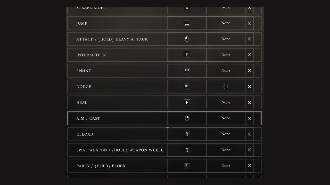 Keybindings list with Aim / Cast highlighted and its mouse-button binding shown