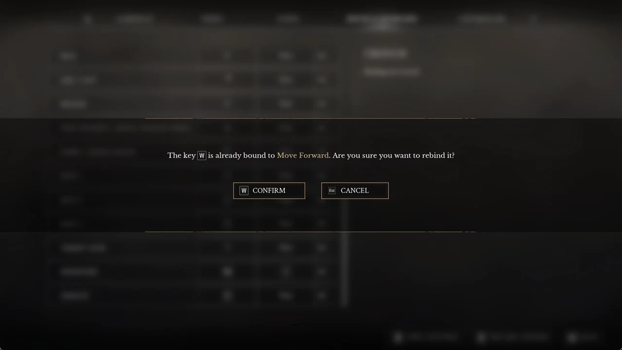 Dialog warning that W is already bound to Move Forward, with confirm and cancel options
