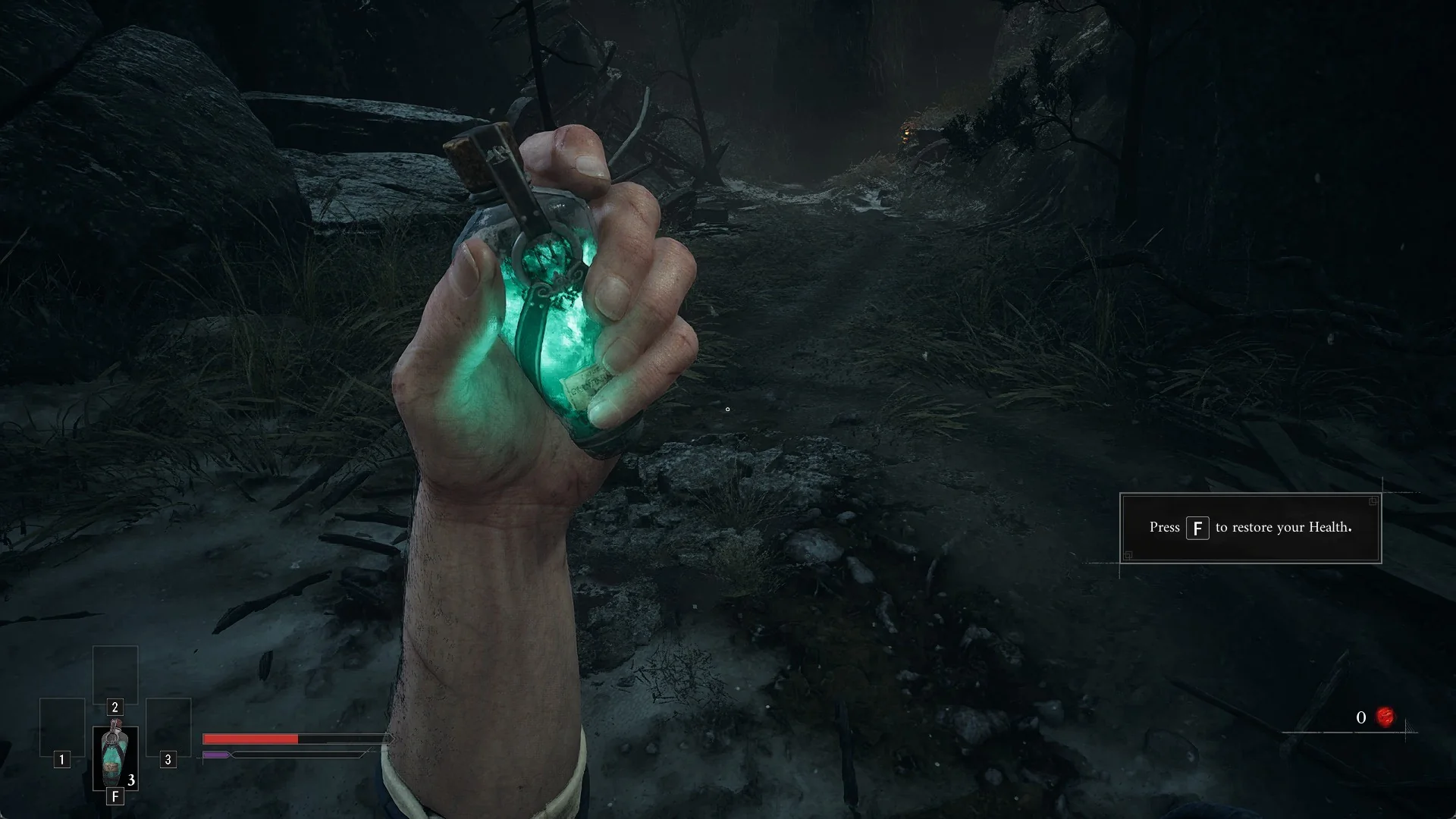 William raises a glowing green Ferrofluid Flask with the prompt Press F to restore your Health