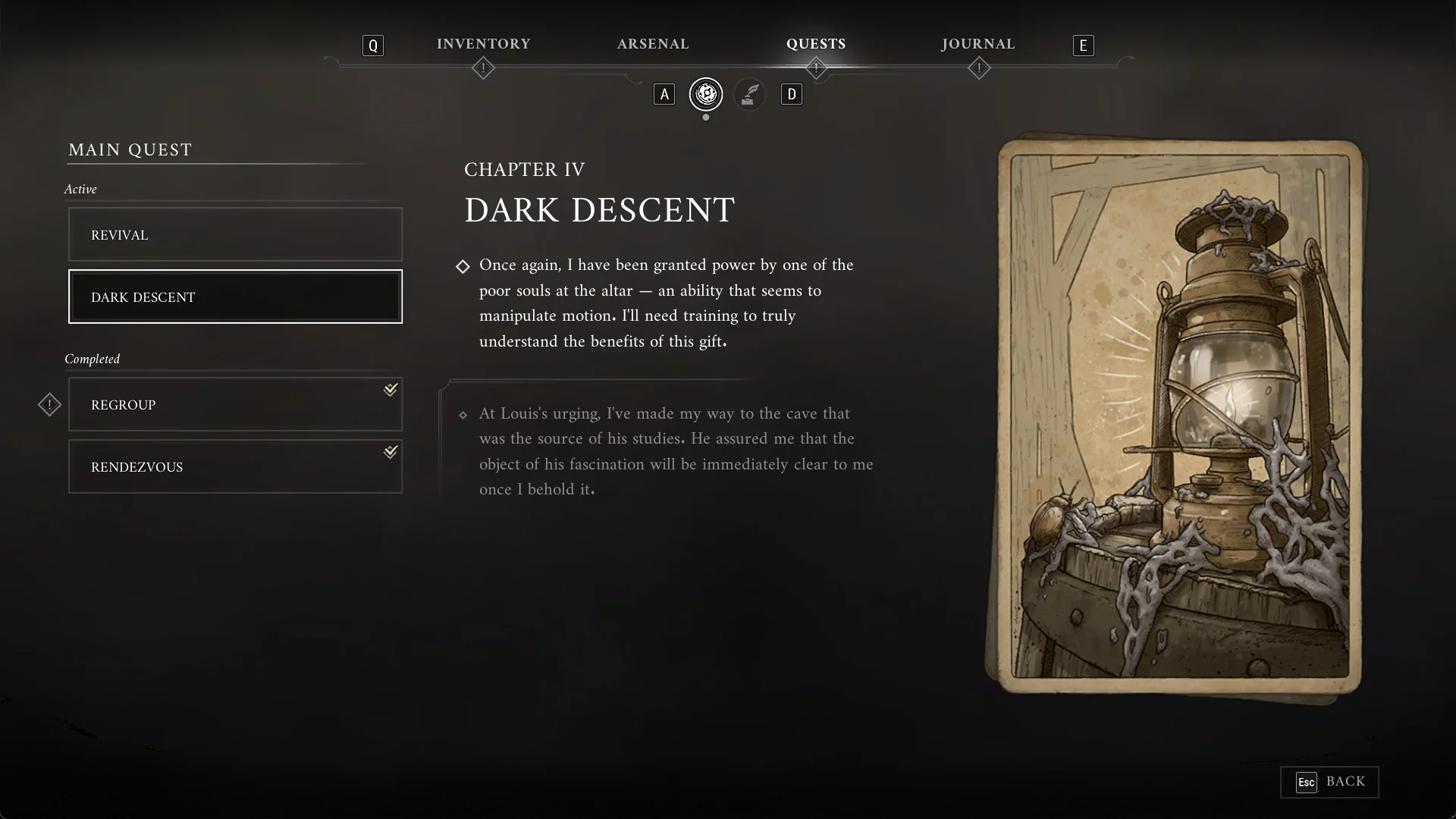 The Quests screen with CHAPTER IV DARK DESCENT and a lantern card