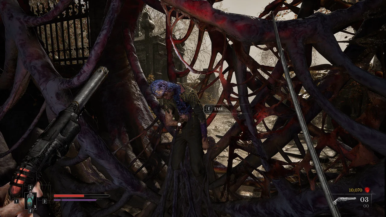 The E TAKE prompt showing over the corpse tangled in red tendrils