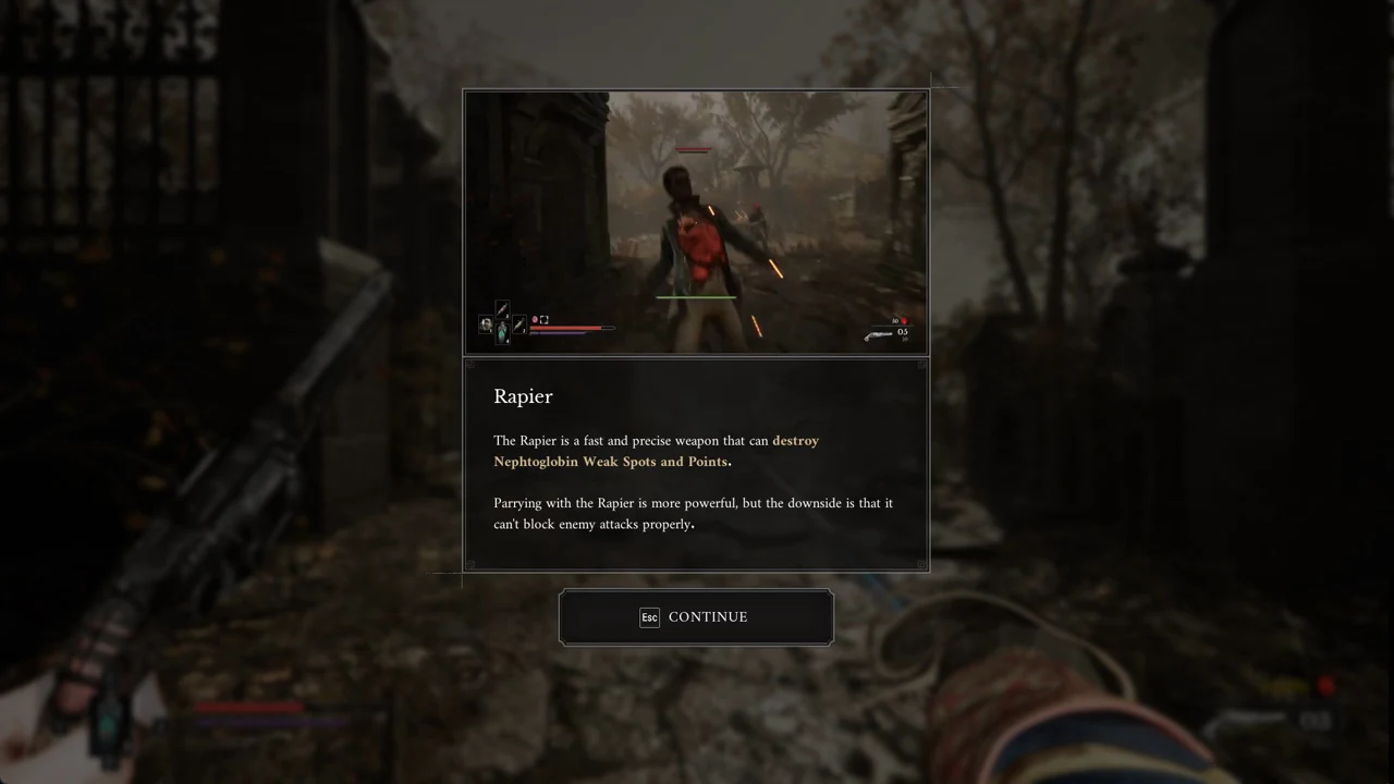 The Rapier tutorial popup describing weak-spot damage and parrying, with Esc Continue