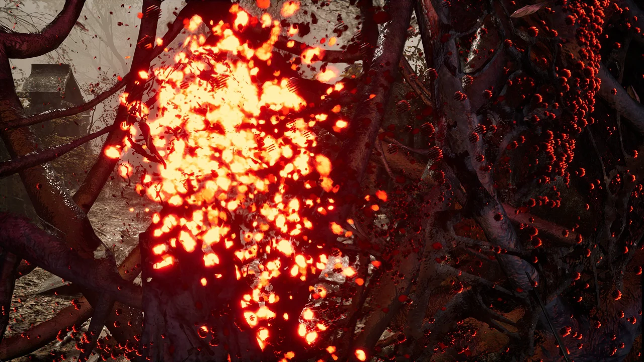The tendril cage and corpse breaking apart into glowing red spores