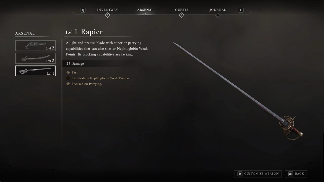 The Arsenal screen with the Lvl 1 Rapier selected, showing its stats and description