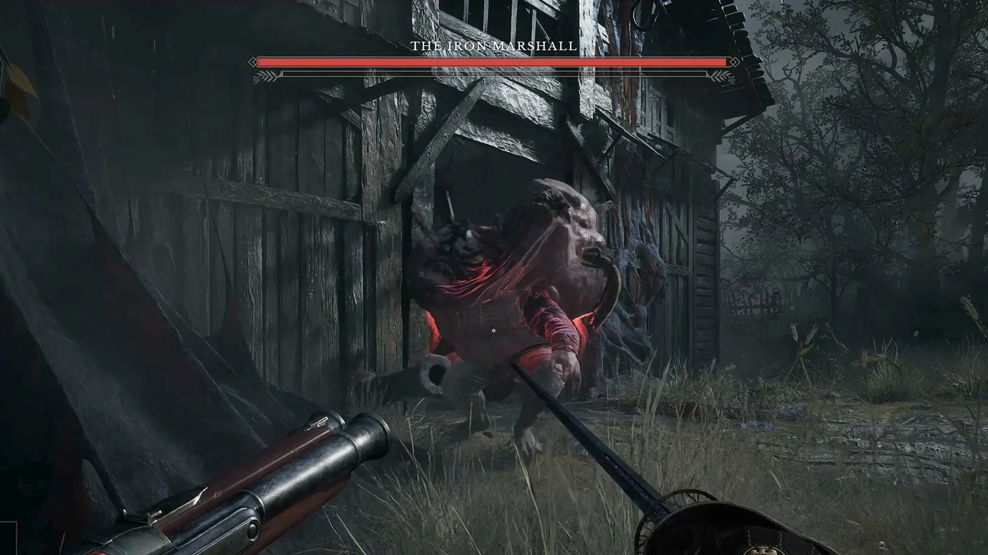 The Iron Marshall glowing bright red as he squares up in front of the barn door