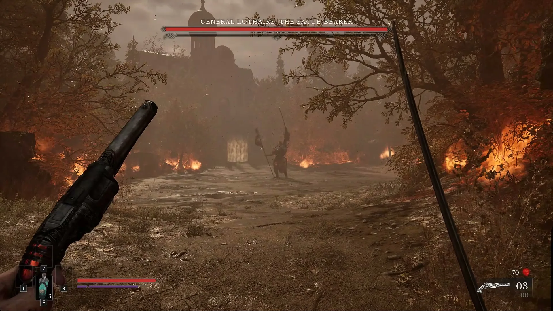 General Lothaire walking across a burning field in front of a domed church as his boss bar appears in Valor Mortis