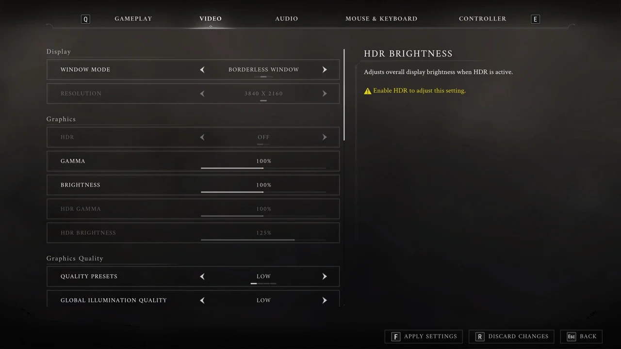 Video settings screen with HDR Brightness selected but greyed out because HDR is off