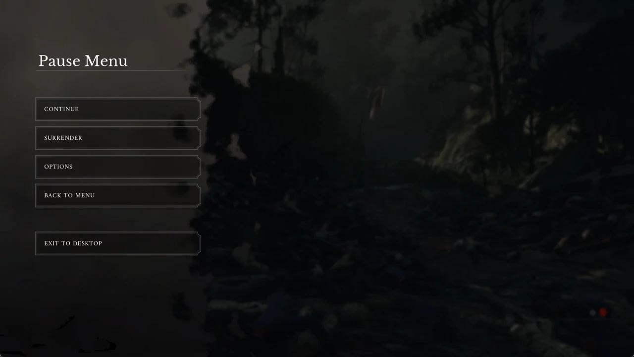 Pause Menu over gameplay showing Continue, Surrender, Options, Back to Menu, and Exit to Desktop