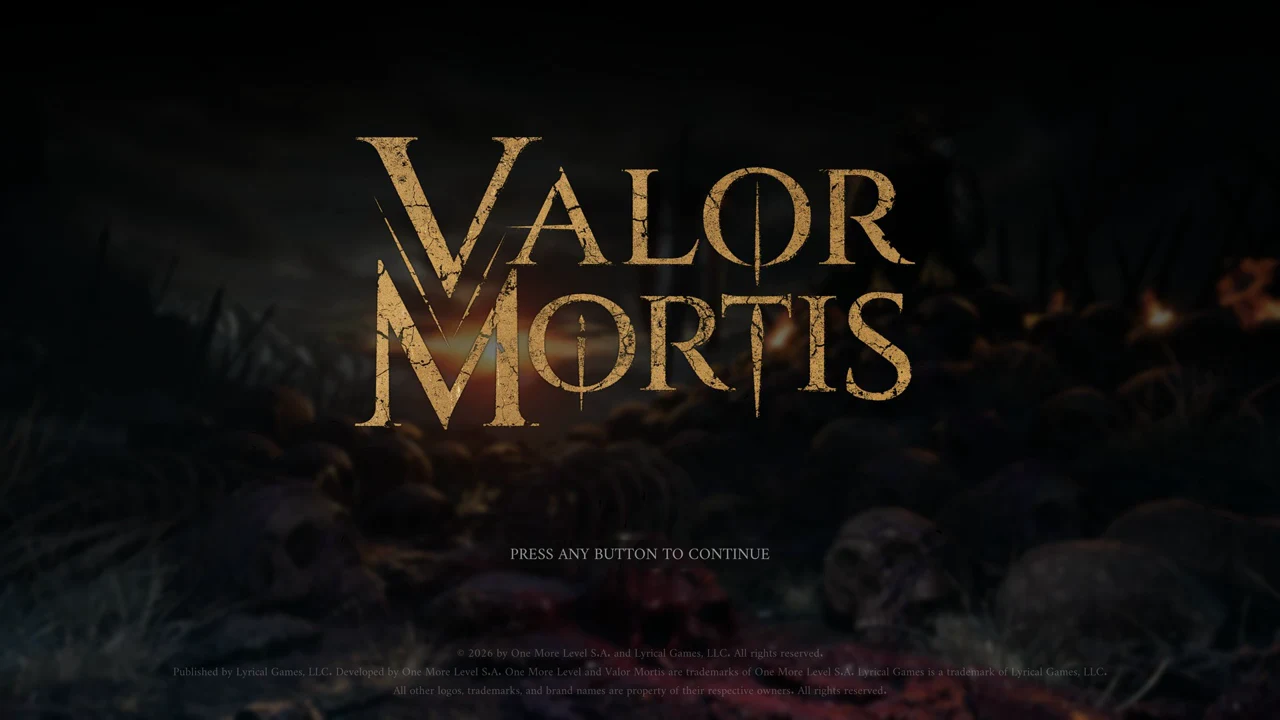 Valor Mortis title screen reading Press Any Button to Continue