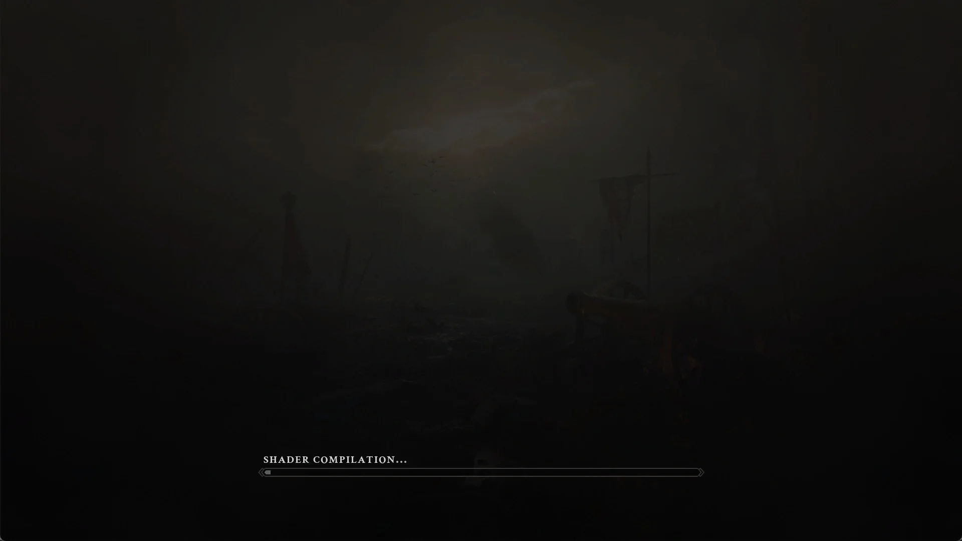 Valor Mortis SHADER COMPILATION screen with its progress bar on a dark battlefield backdrop