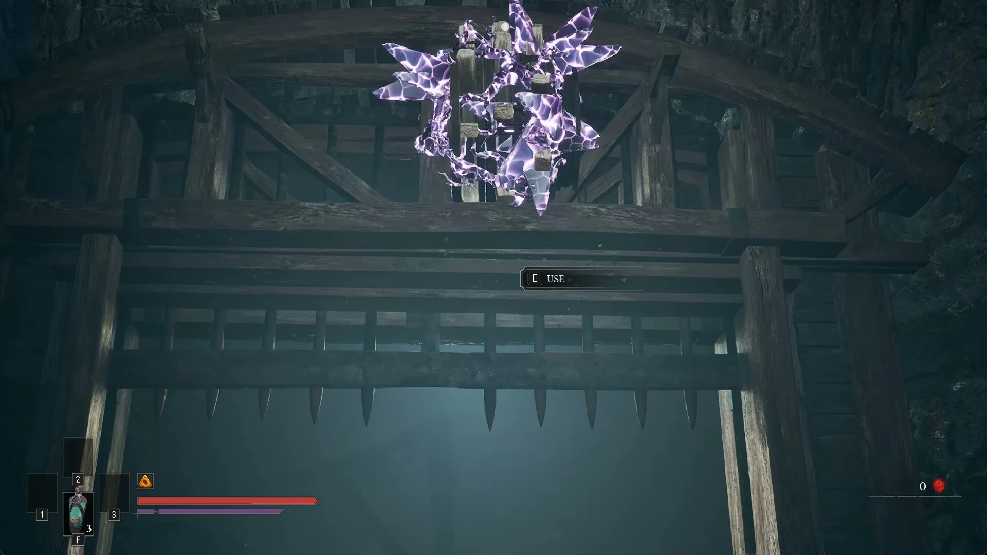 Purple Stasis crystals on the gear above a raised timber gate over the track