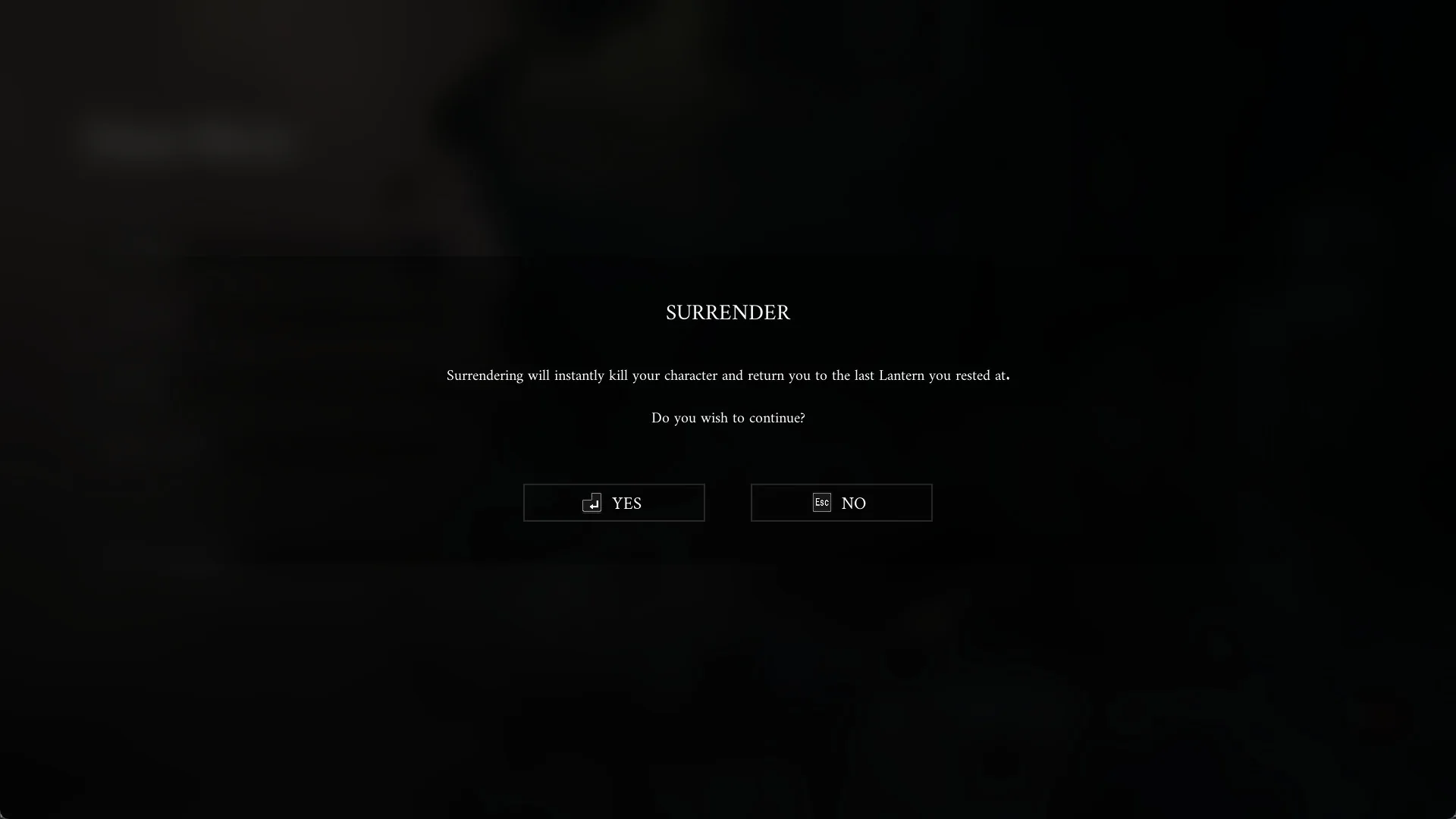 Valor Mortis SURRENDER confirm box with the warning text and YES and NO buttons