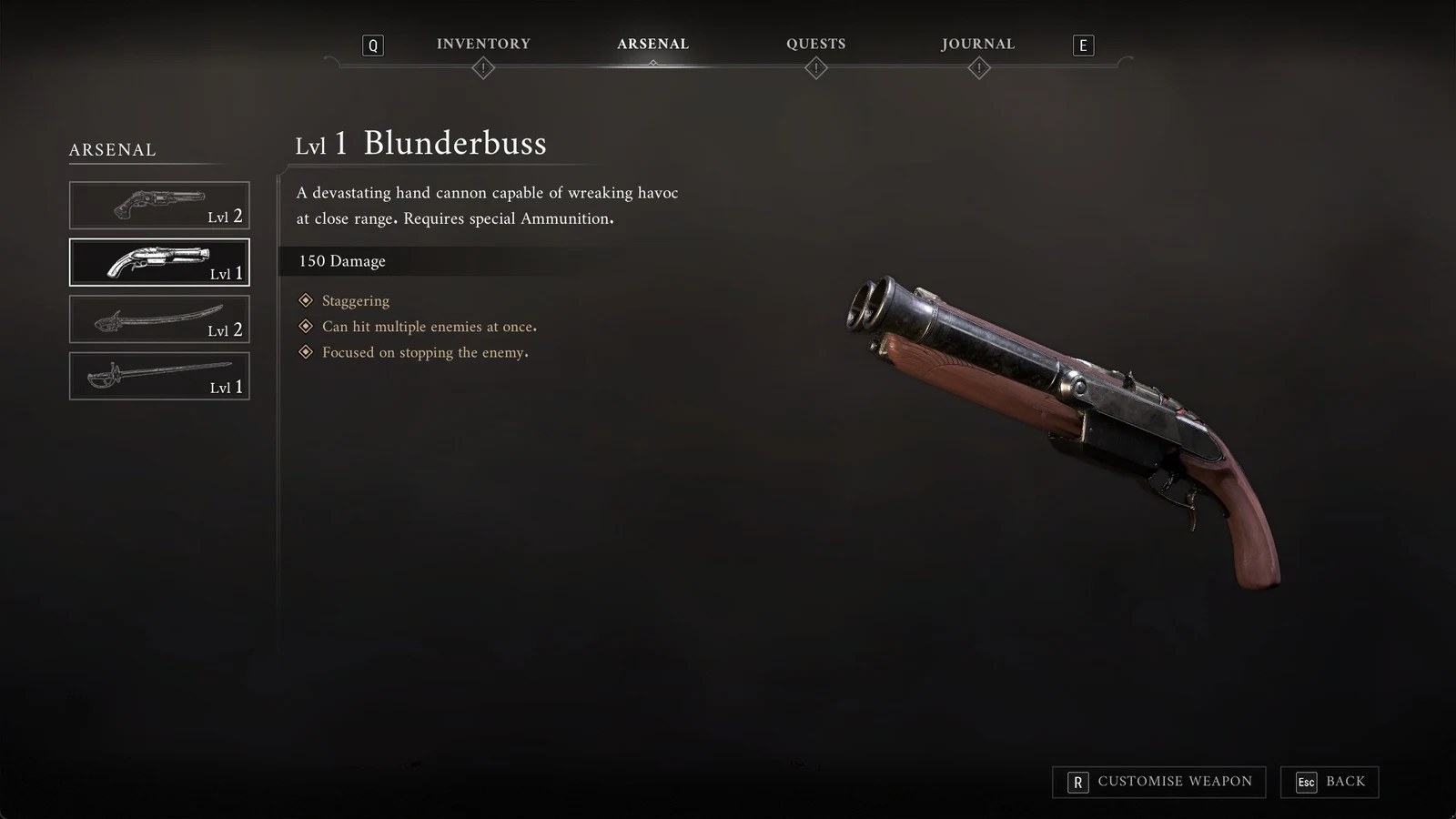 Arsenal menu displaying a Lvl 1 Blunderbuss with description, damage stat and traits beside a 3D model of the double-barrelled weapon.