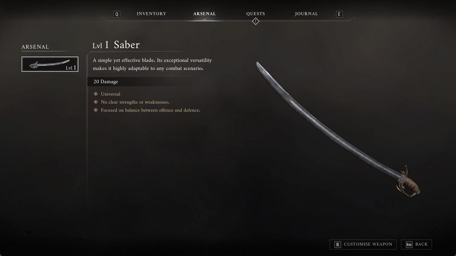 Arsenal menu showing a Lvl 1 Saber with description, 20 Damage, three traits and a large curved sword render.