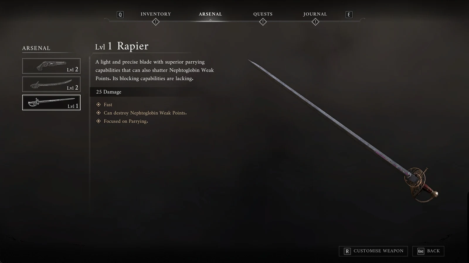 Arsenal menu showing a Lvl 1 Rapier with its description, damage and traits beside a large model of the sword.