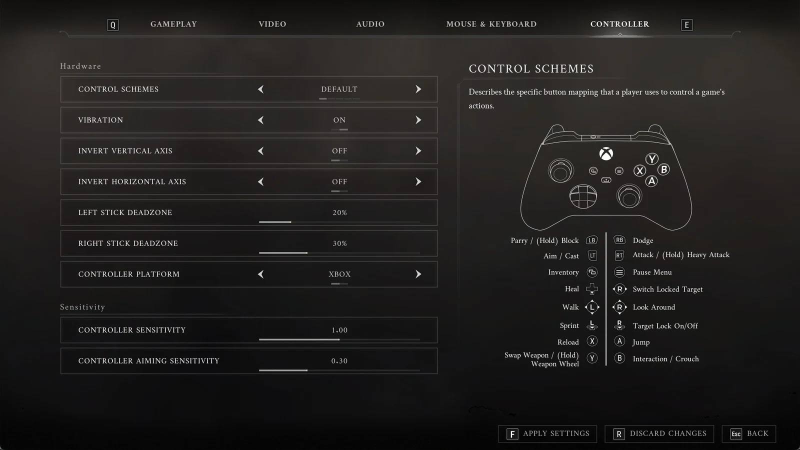 Settings menu on the Controller tab with sliders and options on the left and an Xbox controller diagram with button mappings on the right.