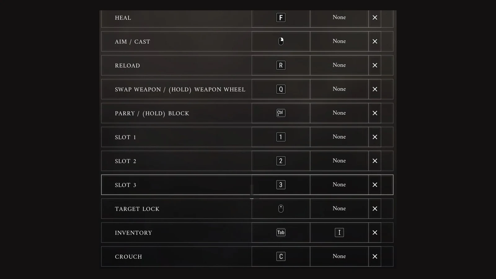 Key binding settings list with actions such as Heal, Reload, Parry and Crouch, each showing a primary key and a None secondary slot.