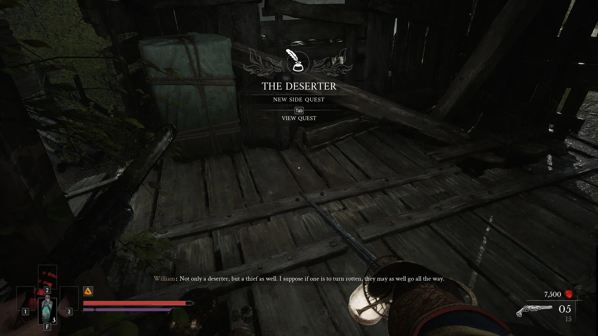 THE DESERTER NEW SIDE QUEST banner with William's line