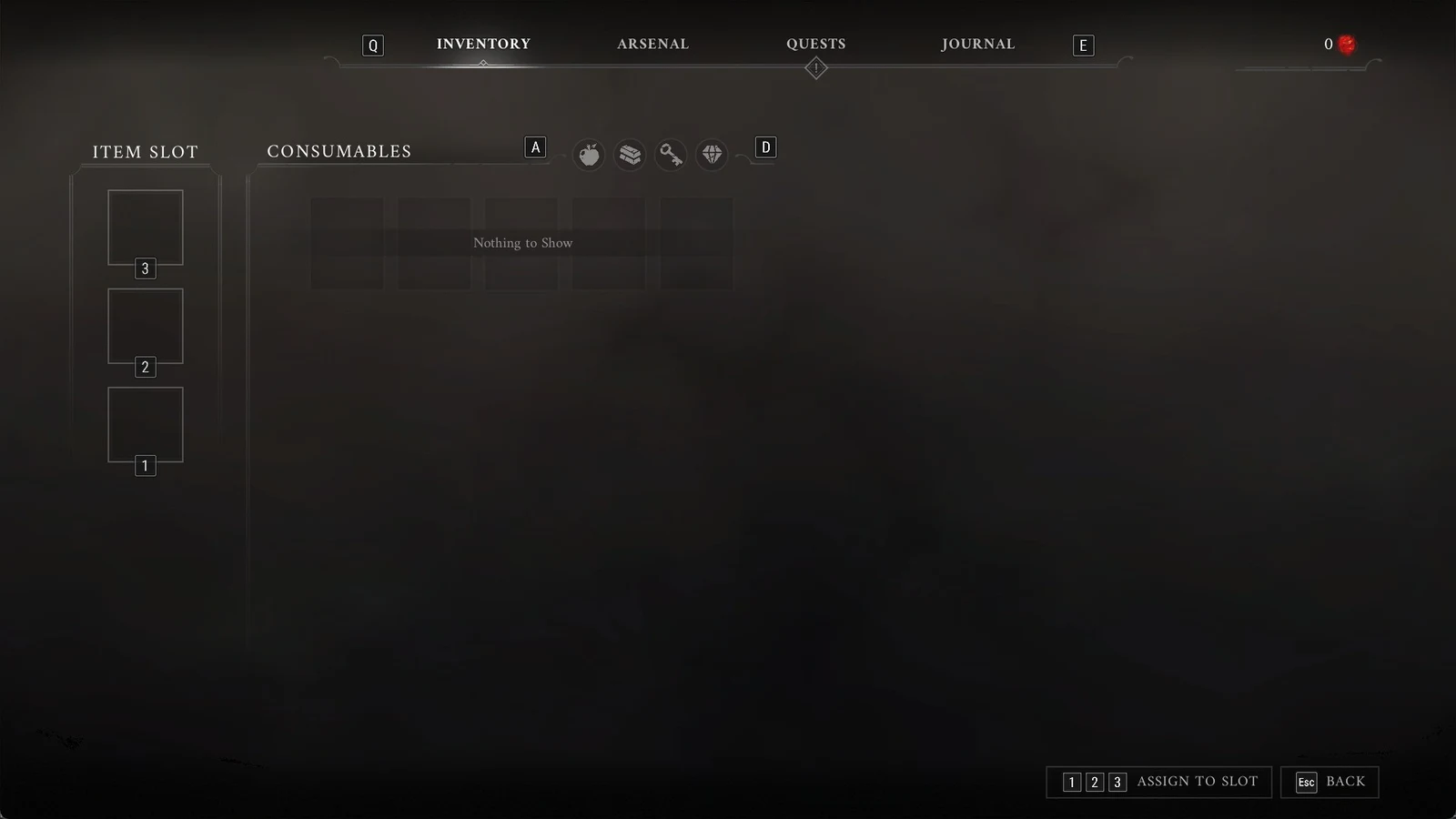 Dark inventory menu with empty Item Slot boxes and an empty Consumables list reading Nothing to Show.
