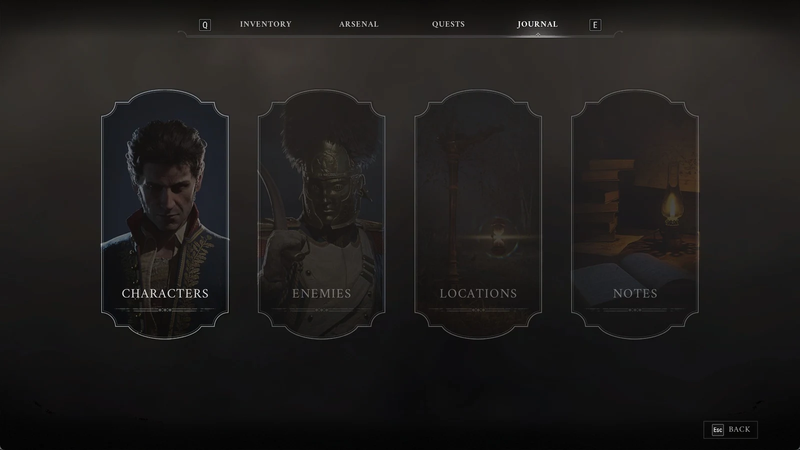 Journal menu with four framed cards titled Characters, Enemies, Locations and Notes, Characters highlighted showing a man in a navy coat.