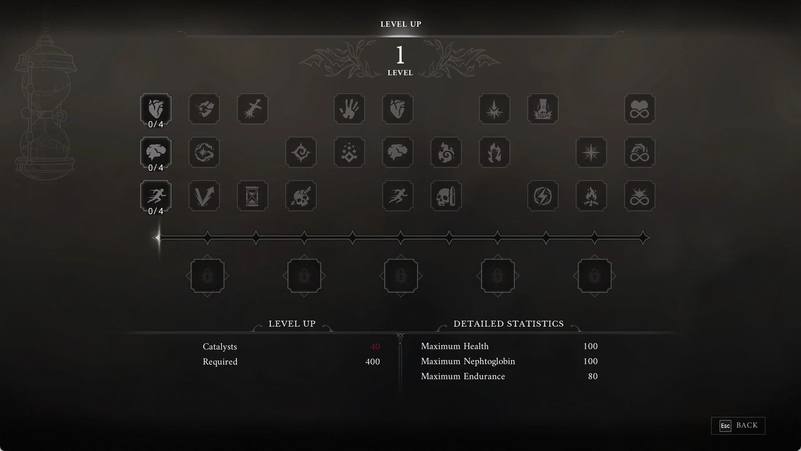 Dark Level Up skill tree menu showing rows of upgrade icons, level 1, catalyst cost and maximum health, nephtoglobin and endurance stats.
