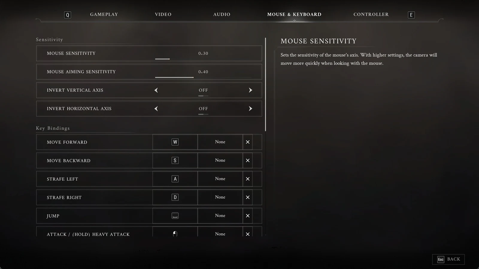 Settings menu on the Mouse & Keyboard tab listing sensitivity sliders, invert axis options and key bindings for movement and jump.