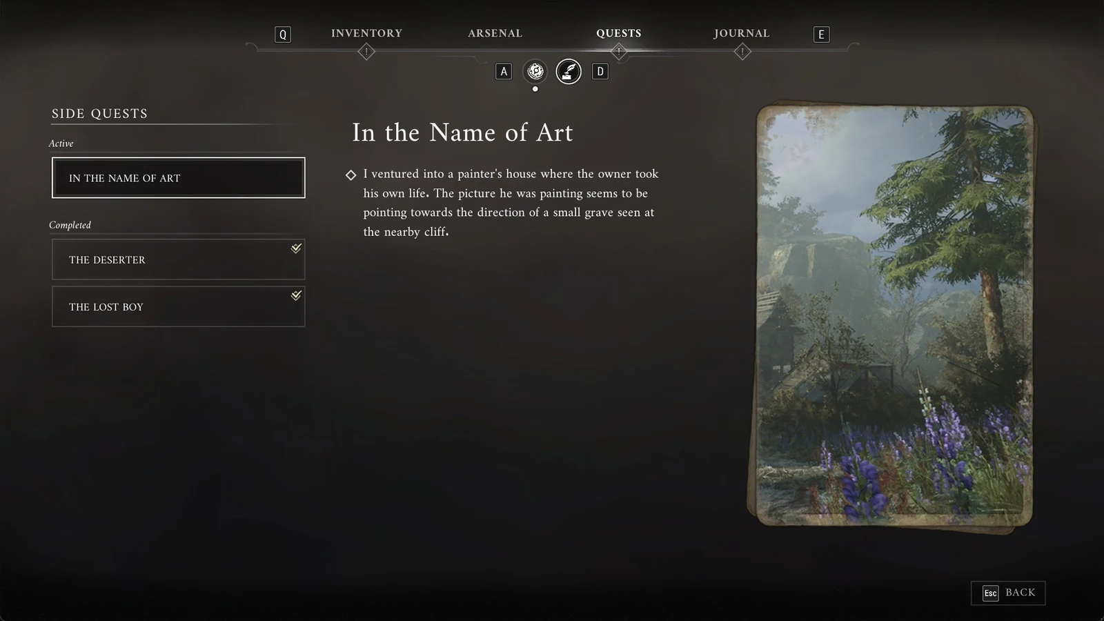 Quest log menu listing side quests, with In the Name of Art selected and its description beside a forest landscape card.