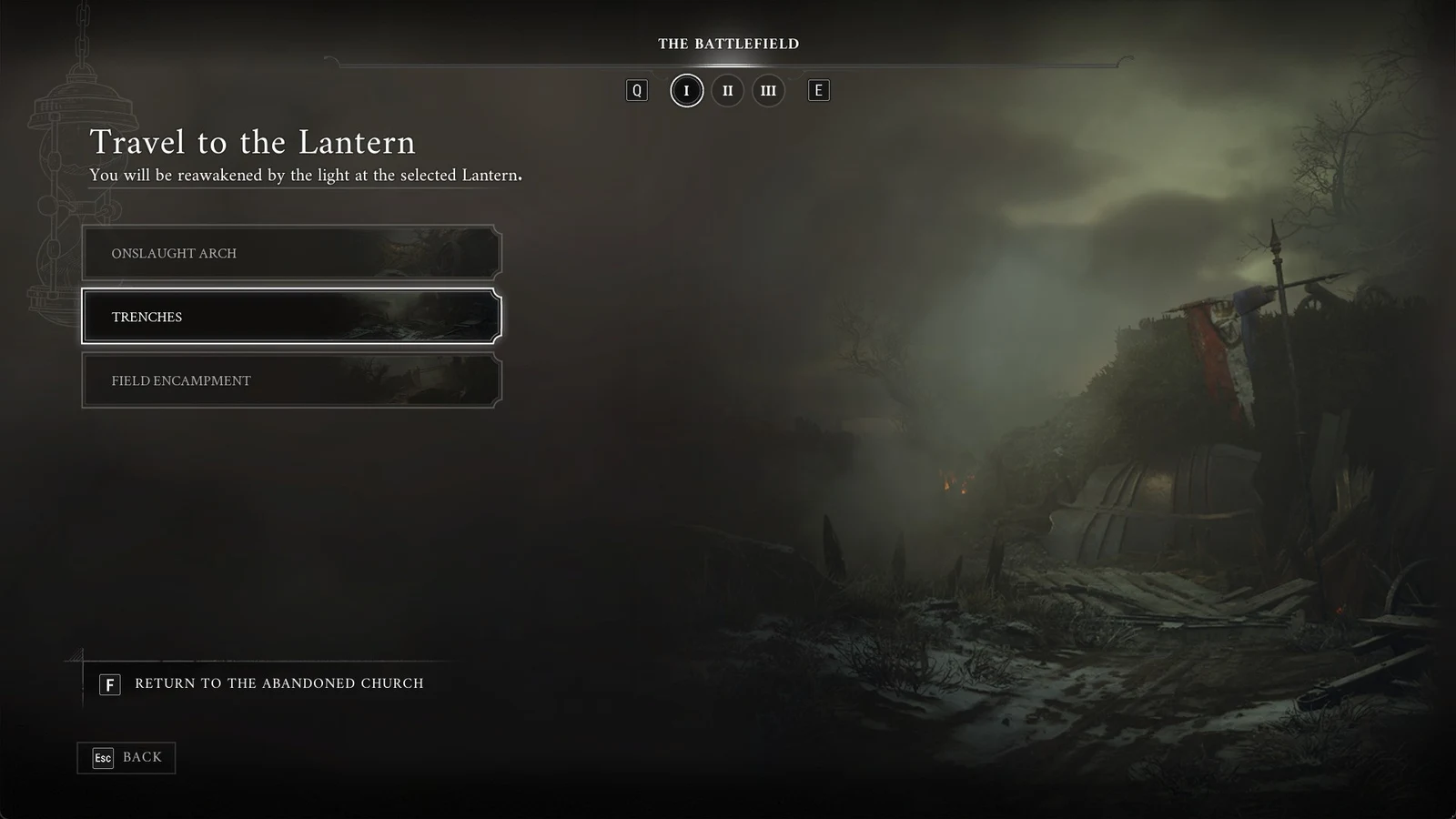 Dark fast-travel menu listing three lantern locations over a foggy battlefield backdrop, with Trenches highlighted.