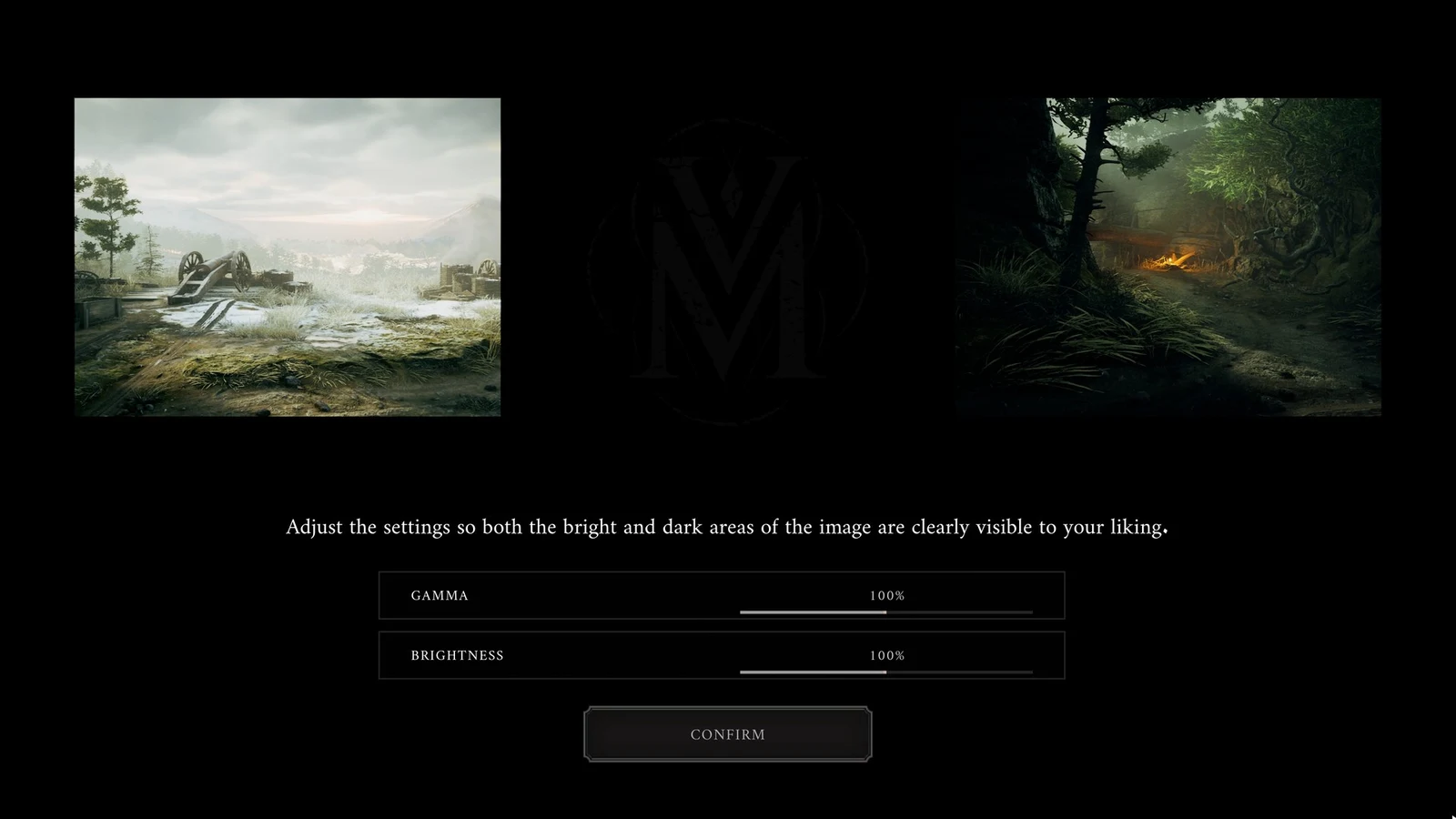 Dark settings screen with two sample landscapes and Gamma and Brightness sliders at 100 percent above a Confirm button.