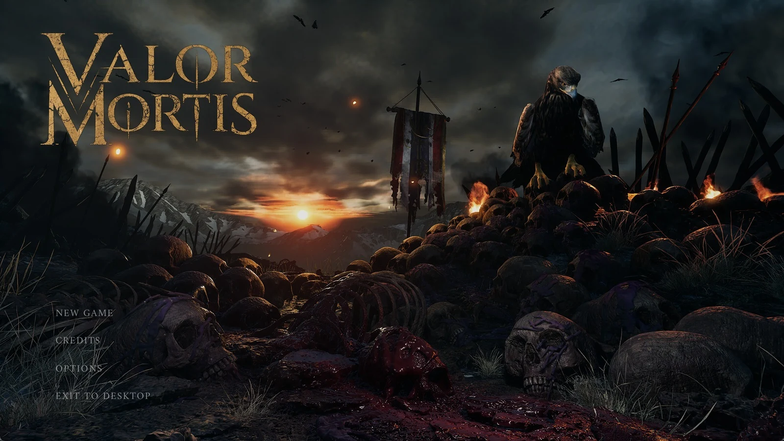 Valor Mortis title screen with an eagle on a skull pile, torn banner and sunset, plus a menu list at lower left.
