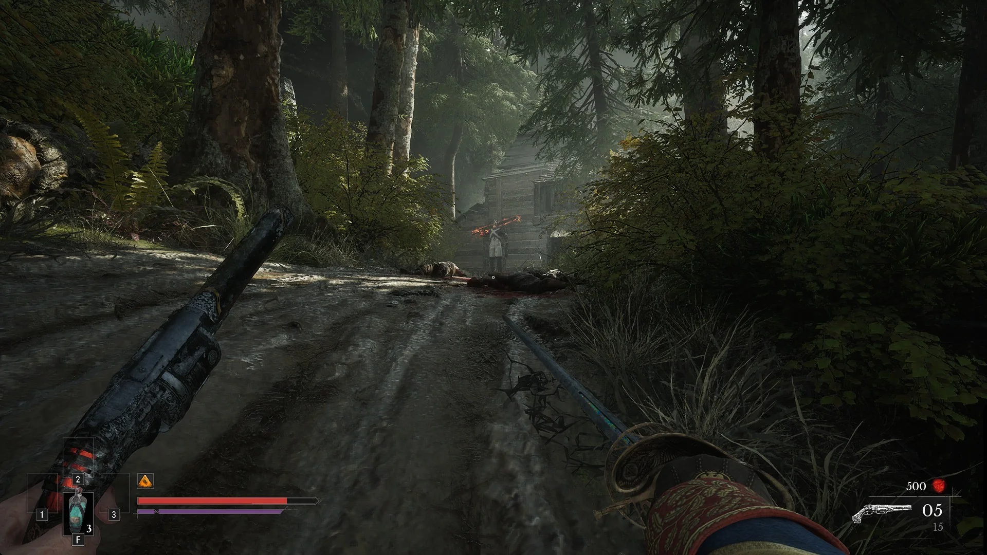 The two-handed Volunteer with a red-hot greatsword standing among bodies on a forest path by a log cabin