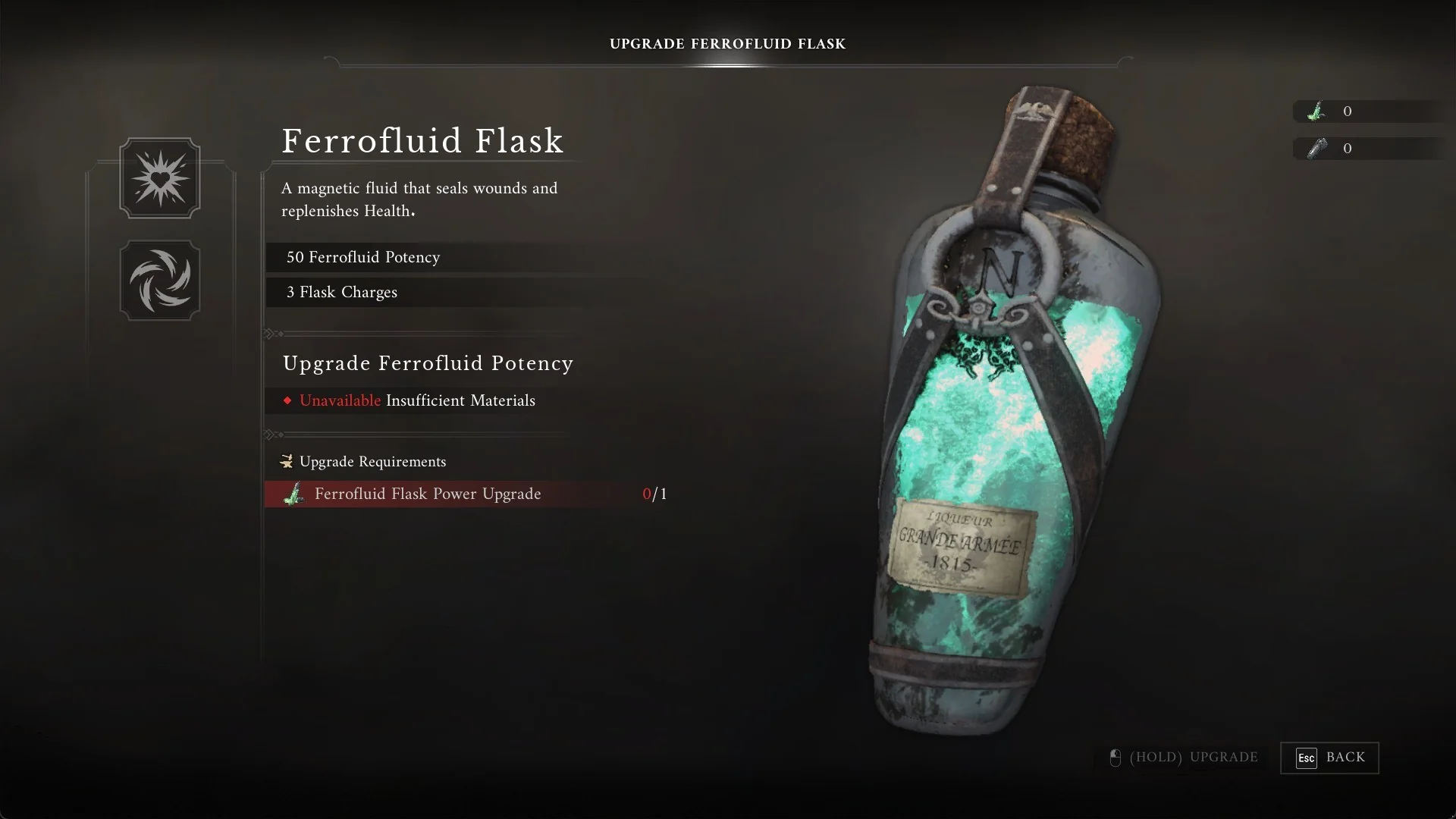 The UPGRADE FERROFLUID FLASK screen on Upgrade Ferrofluid Potency, 50 Ferrofluid Potency, needing a Ferrofluid Flask Power Upgrade