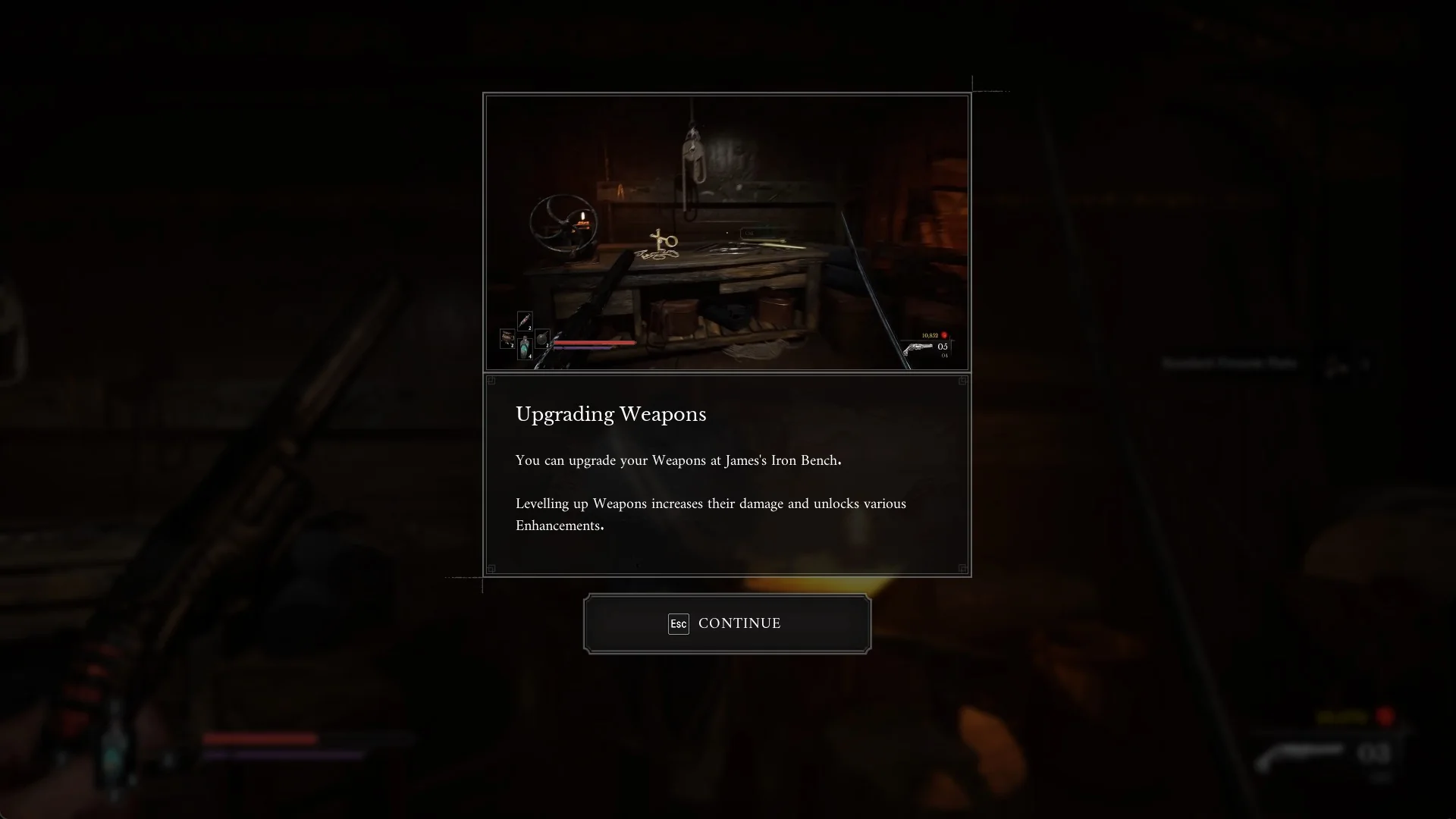 The Upgrading Weapons tutorial in Valor Mortis saying weapons are upgraded at James's Iron Bench