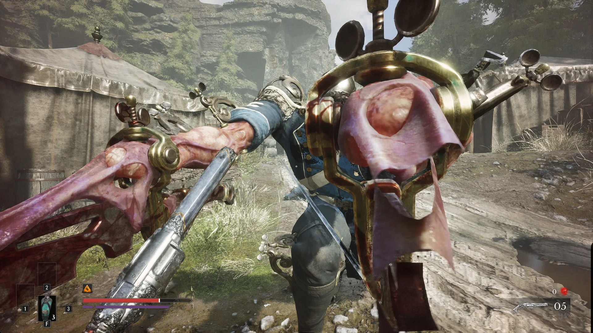 The Volunteer's mutated red plague arm reaching out at close range