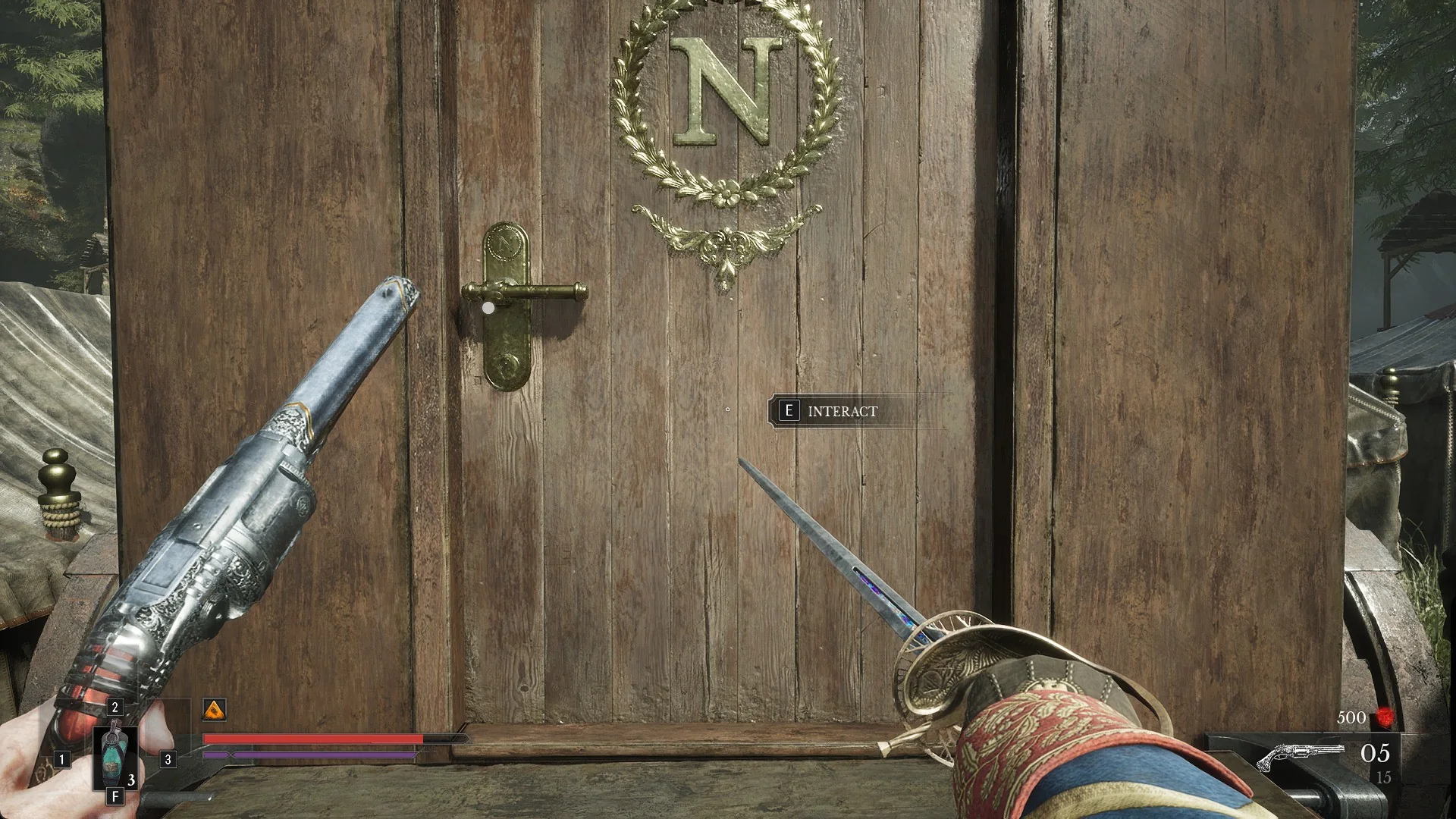 The wagon door with a gold N in a laurel wreath and the E INTERACT prompt