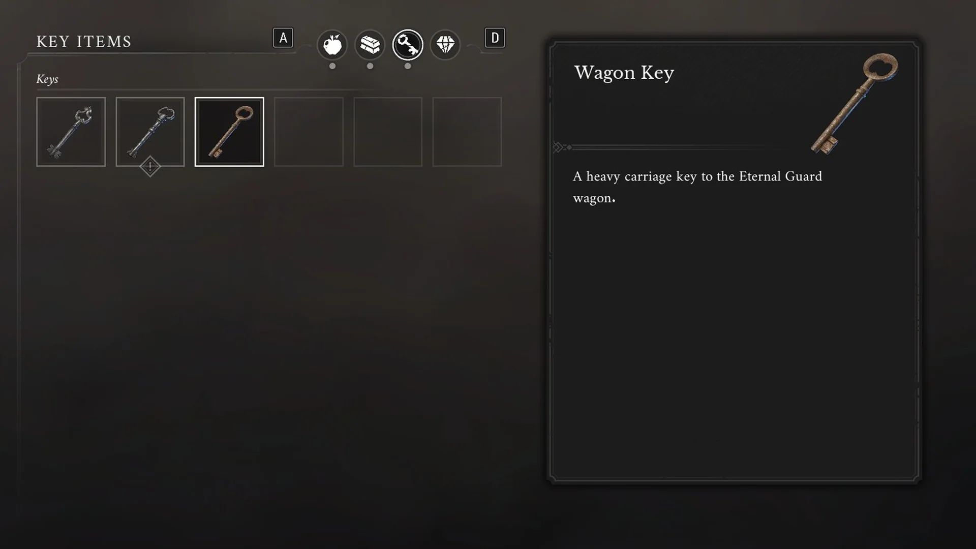 Inventory Key Items screen showing the Wagon Key and its description
