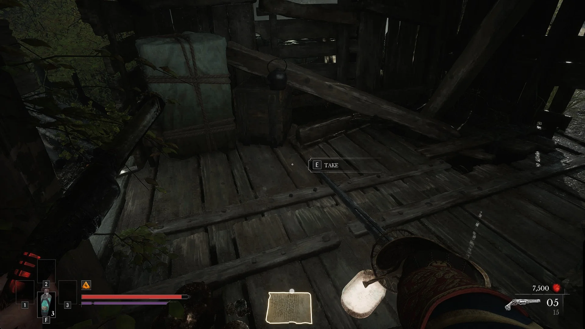 The Wanted Notice on a broken wooden platform with the E TAKE prompt