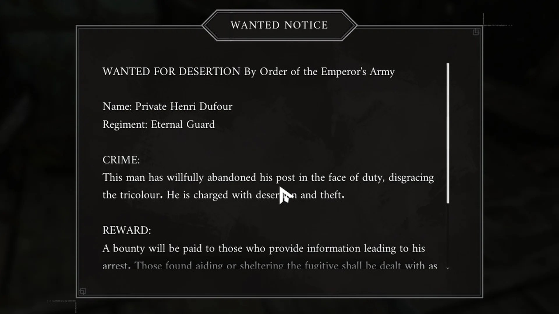 The Wanted Notice for Private Henri Dufour on screen