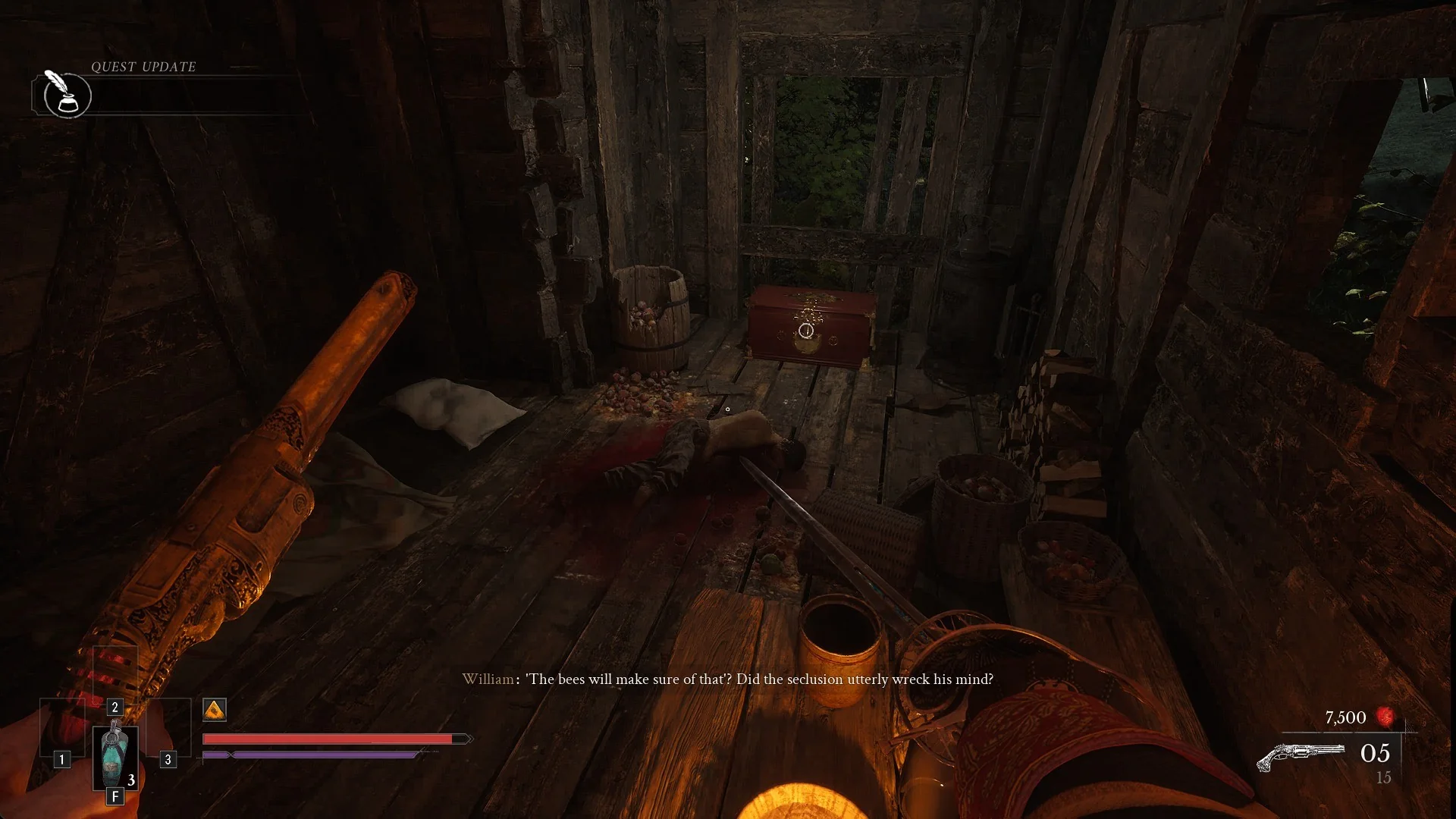 Inside the hut after reading the diary, with William's line about the bees