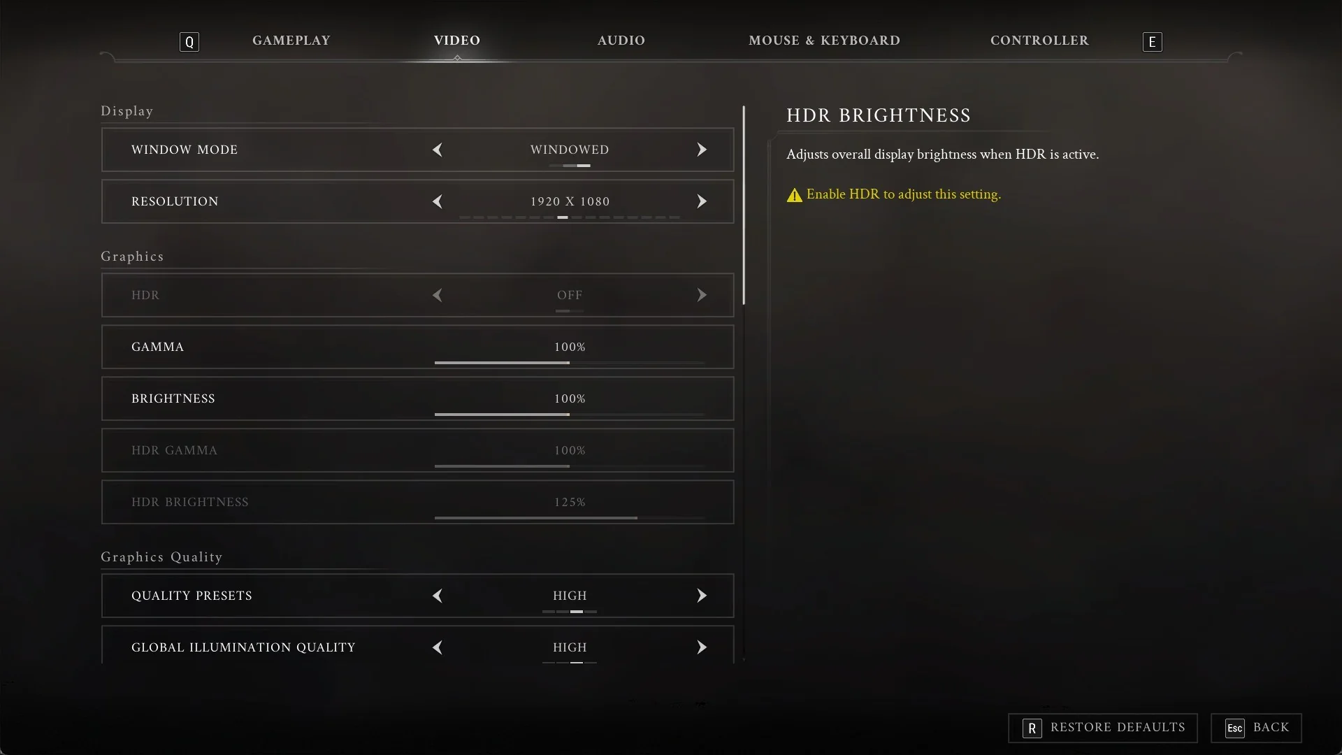 Valor Mortis VIDEO tab with WINDOW MODE set to WINDOWED and the RESOLUTION row active at 1920 X 1080