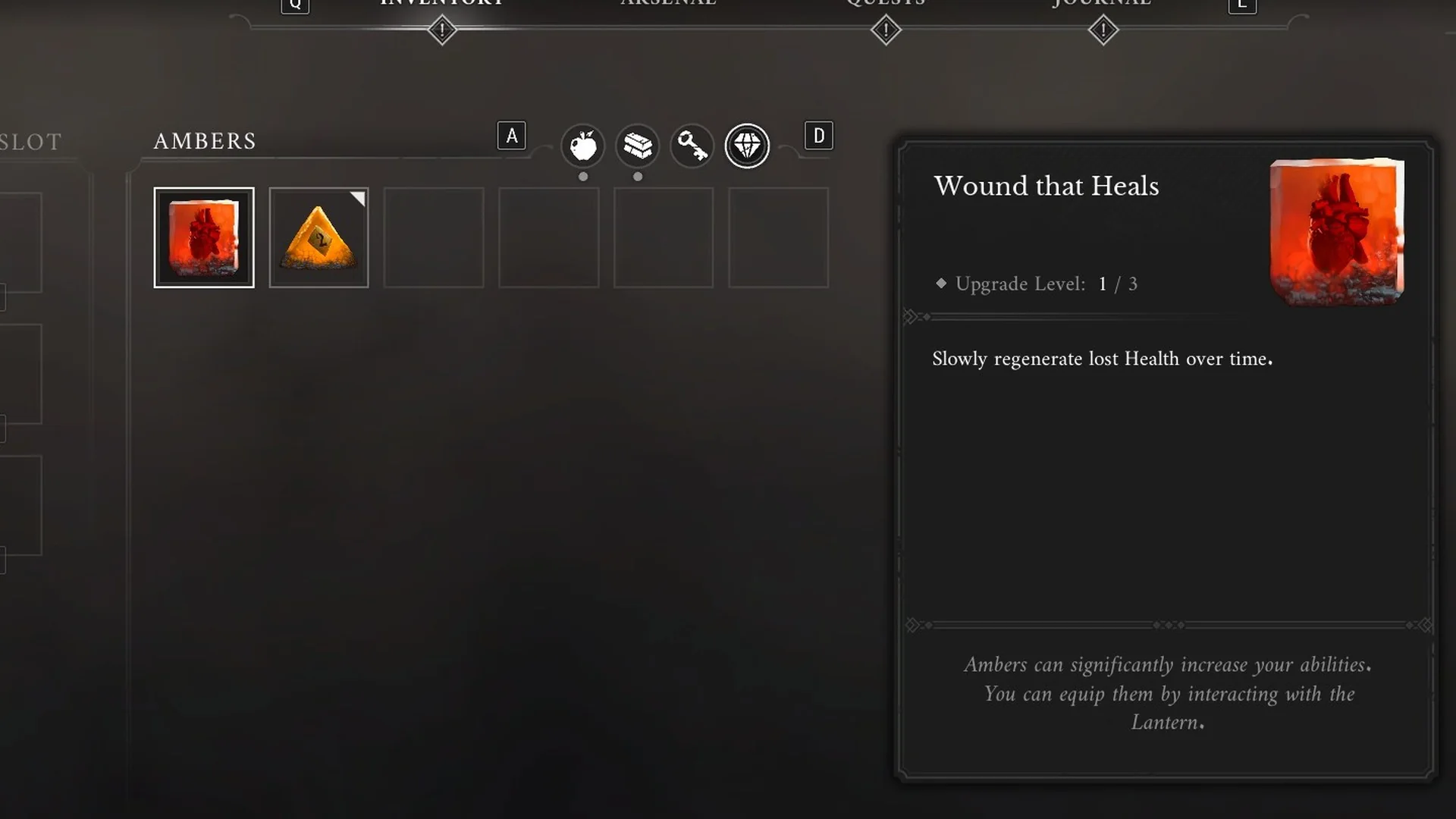 Inventory Ambers tab showing Wound that Heals at Upgrade Level 1 of 3 with its description