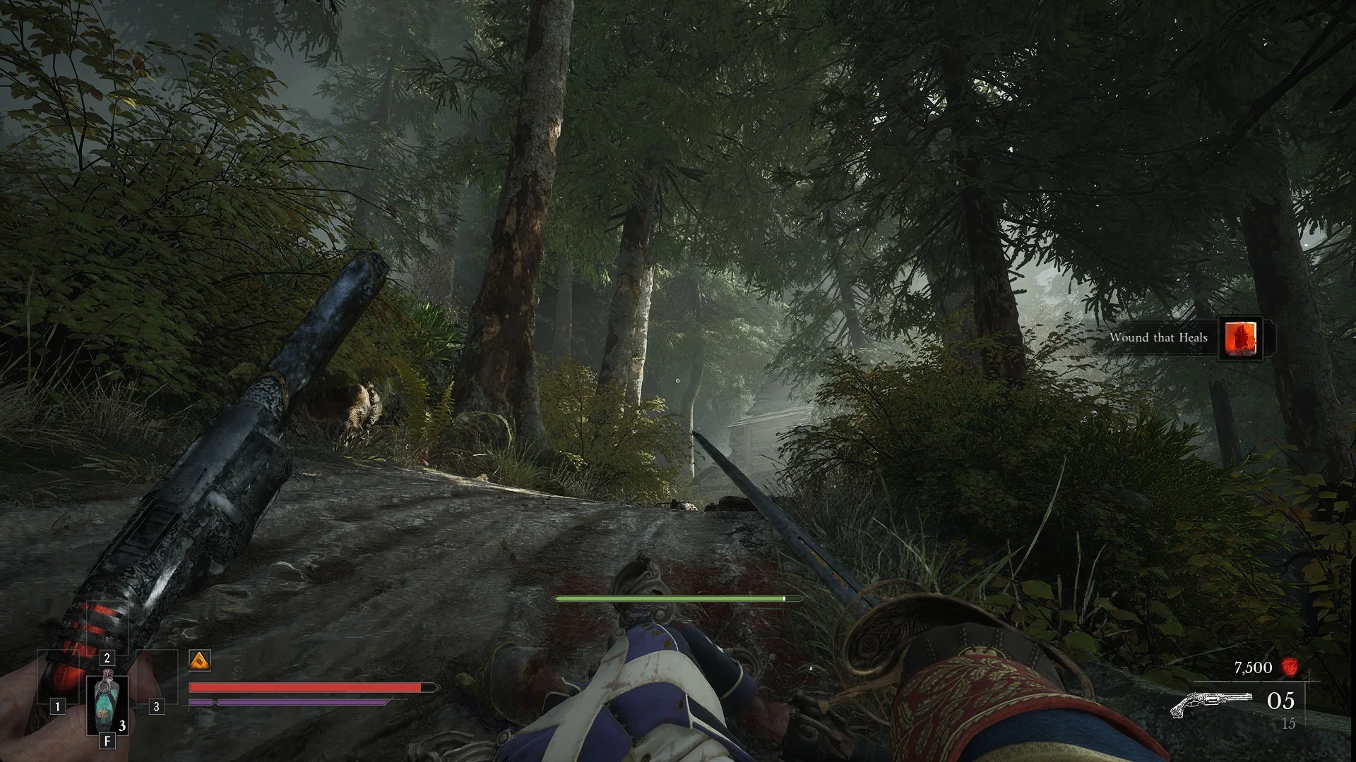 The fallen Volunteer on the forest path with the Wound that Heals toast at the right