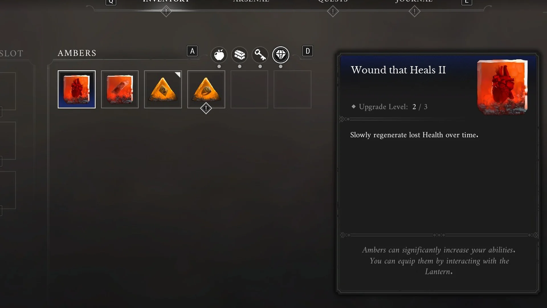 Inventory Ambers tab showing Wound that Heals II at Upgrade Level 2 of 3