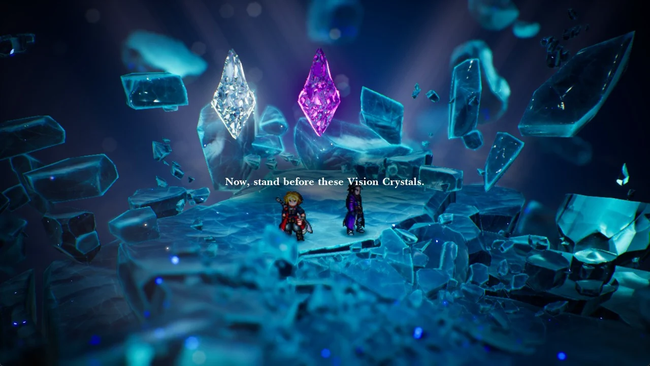 Two party members stand on floating platforms facing a white and a purple Vision Crystal