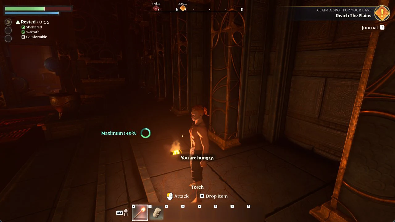 Character exploring with the Torch equipped from the hotbar after respawning