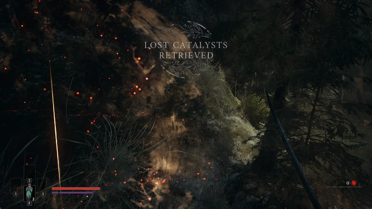 The HUD showing LOST CATALYSTS RETRIEVED after collecting the death marker in the woods